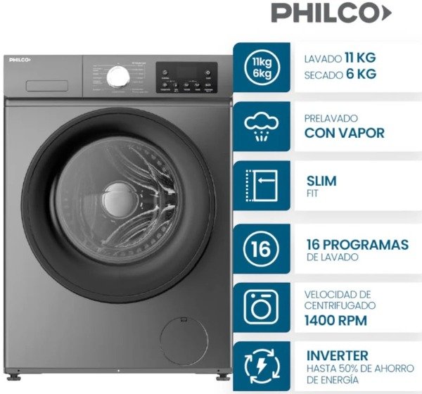Producto - LAVASECARROPAS PHILCO 11/6 Kg CARGA FRONTAL IINVERTER GRIS