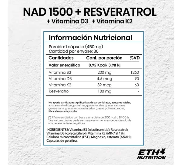 Producto - NAD + Resveratrol sin sabor EHT Nutrition - 30 caps - 2