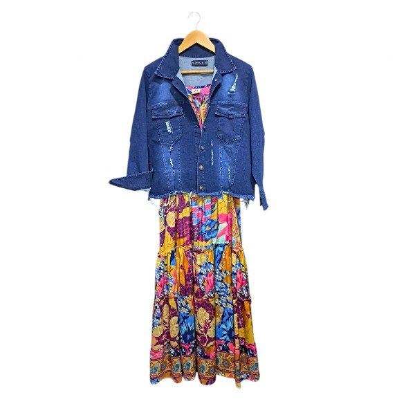 Producto - Outfit de Vestido en Satén Azul y Campera Jeans con RoturaTalle 46/48(5-6)