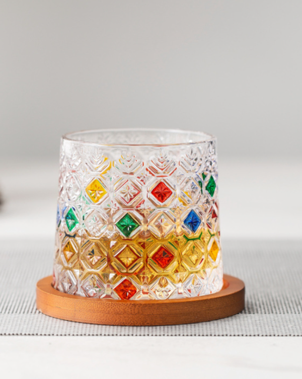 Producto - Vaso de Whisky Giratorio 360 con Base de Madera Colorful Snowflakes - 275ml