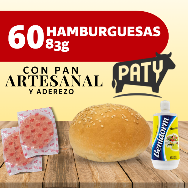 Producto - 60 HAMBURGUESAS 83grs PATY C/ PAN Y ADEREZO
