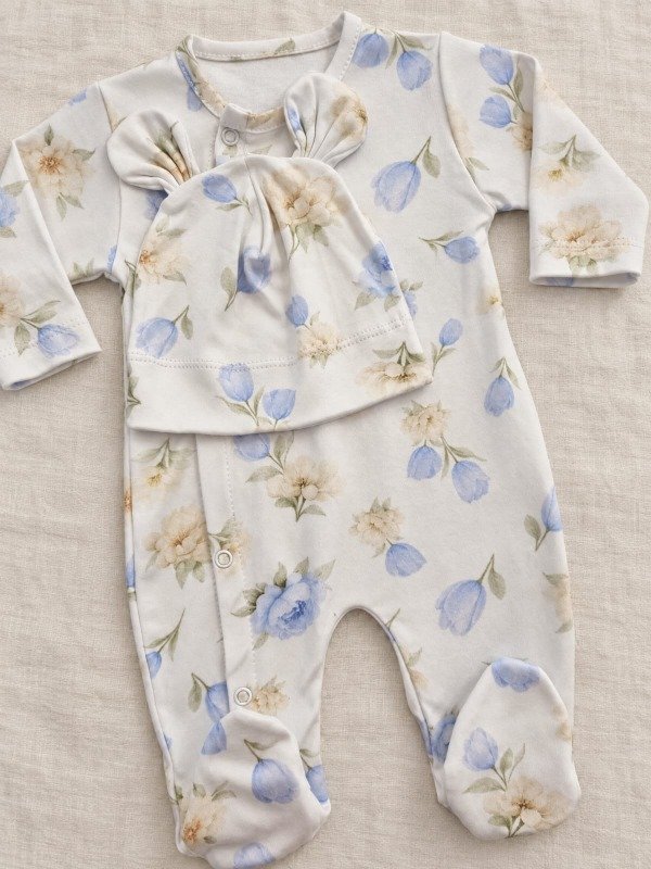 Producto - Osito de algodón Pima flores violaceas 0 a 3 M