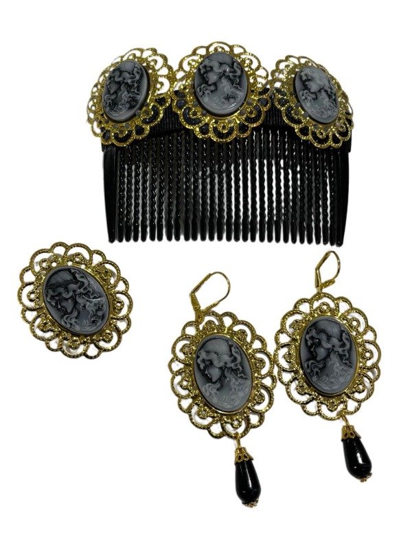 Producto - Conjunto Camafeo negro (Peineta + Aros + Broche)