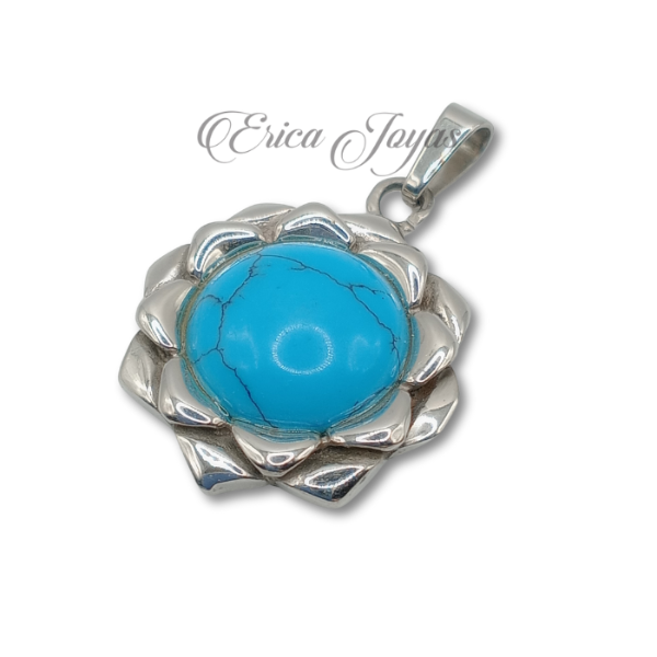 Producto - Dije macizo flor labrada con piedra turquesa (LJDM0009)