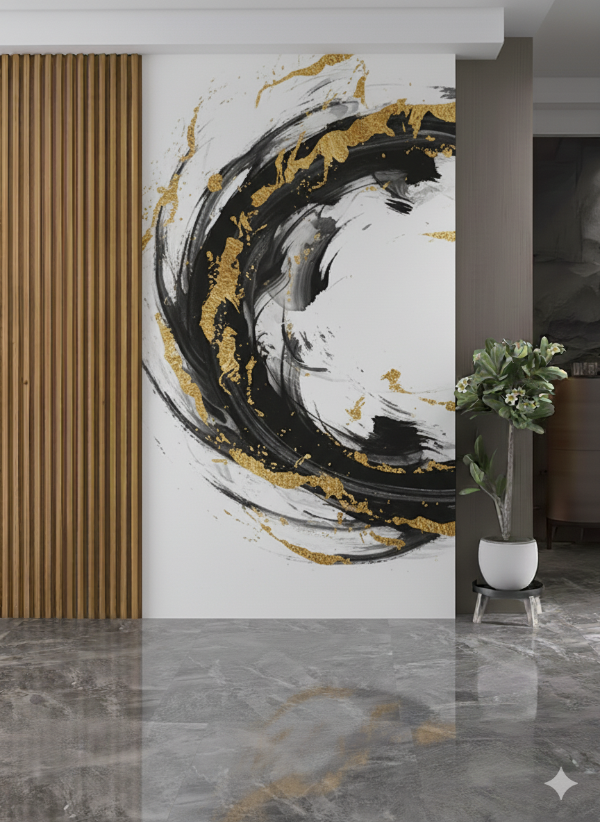 Producto - Placa decorativa PVC 3mm 244x122 diseño abstracto blanco, negro y dorado