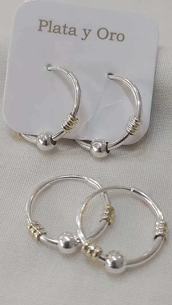 Producto - Aro de Plata y Oro argollita con bolita y apliques de oro