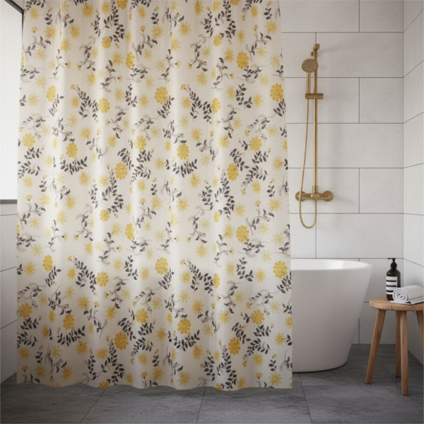 Producto - Cortina para Baño de Raso Teflonada Estampada + Ganchos "Flores Amarillas"