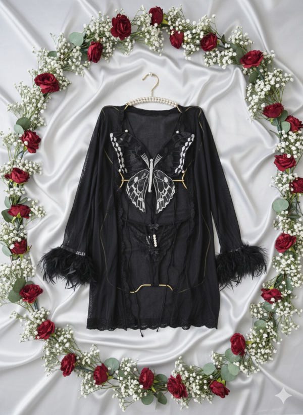 Producto - Bata c/plumas mariposa Negro 88195