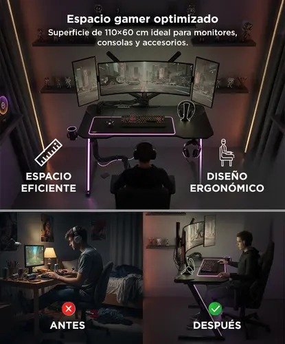 Producto - Escritorio Gamer Fibra De Carbono 110X60X74 Tablero 15 Mm Patas Acero - 3