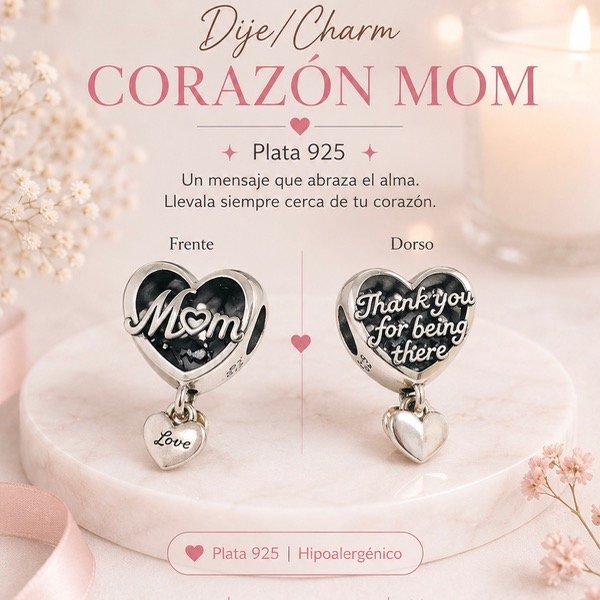 Producto - Dije/charm corazón mom Plata 925