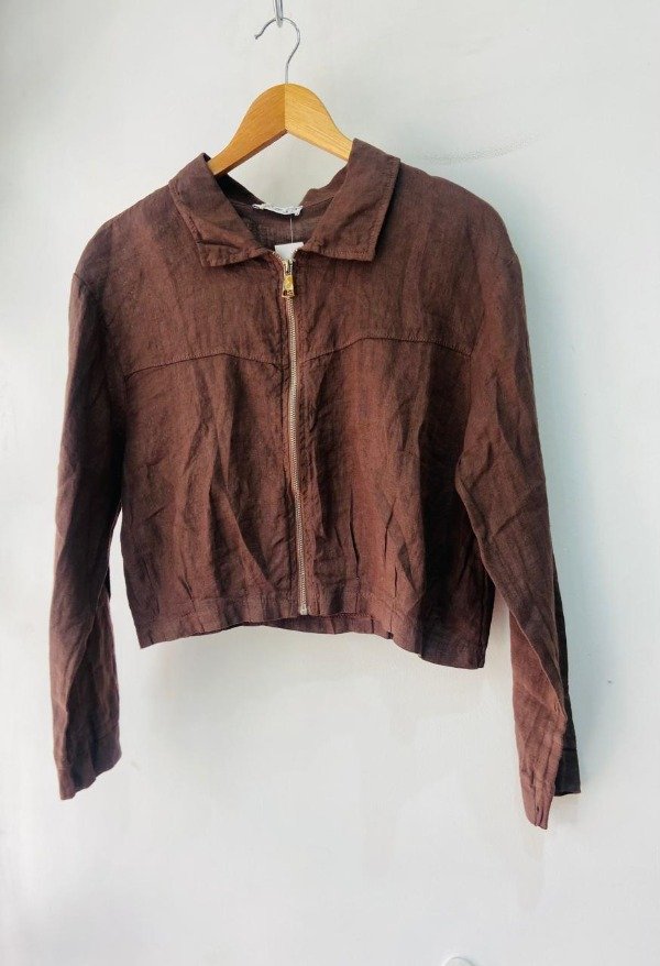 Producto - casaca con cierre en lino choco - 0