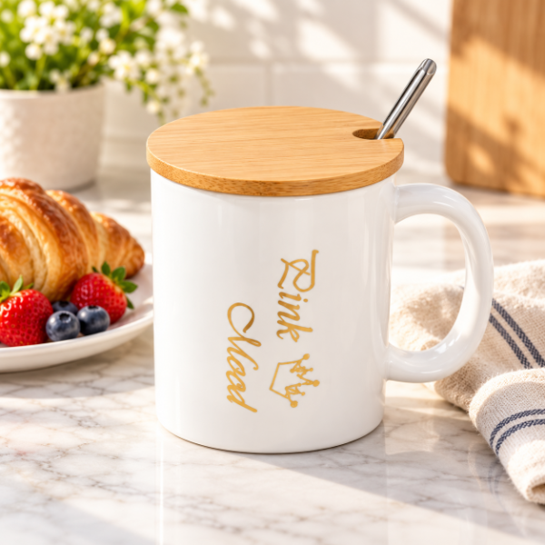 Producto - TAZA DE CERAMICA CON TAPA DE BAMBÚ  Y CUCHARA DISEÑO DORADO SURTIDO 300ML - 2