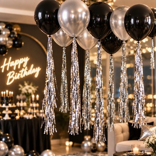 Producto - Kit Globos Plateado y Negro con Cortina 8168 - 0