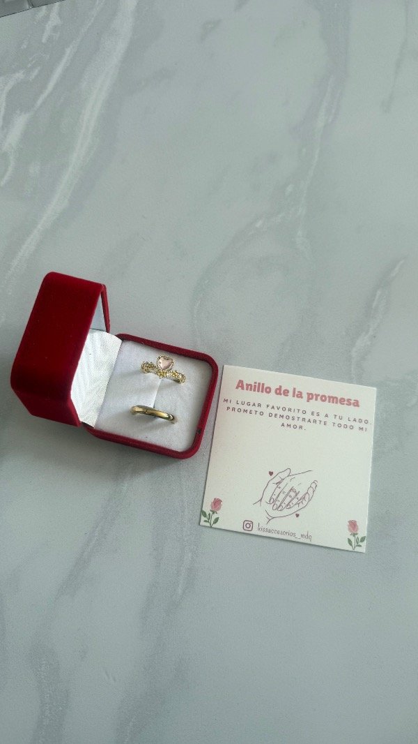Producto - Caja de pana con anillos de la promesa corona corazón rosa y alianza AD