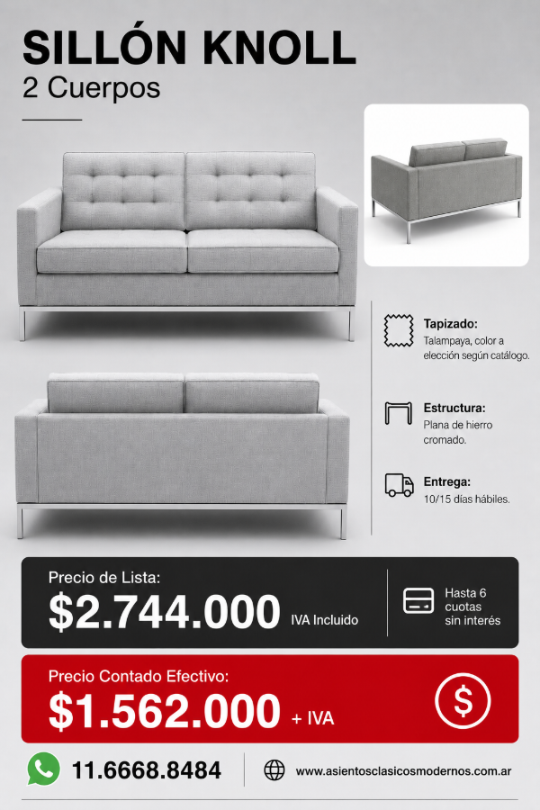 Producto - Sillón Sofá KNOLL 2 Cuerpos, Estructura Cromada, Tapizado Talampaya!!