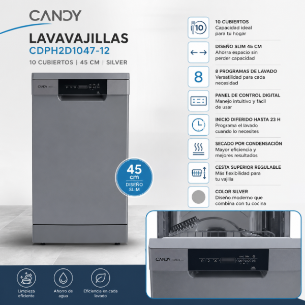 Producto - LAVAVAJILLAS CANDY CDPH2D1047-12 10 CUBIERTOS SILVER