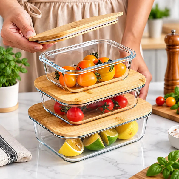 Producto - Set X3 recipientes hermetico -vidrio -tapa de bambu -apto microondas/horno/freez - 0