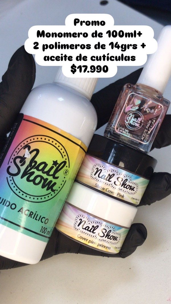 Producto - 1 Monómero 100ml + 2 polímeros 14grs + 1 aceite de cutículas 8ml NAIL SHOW