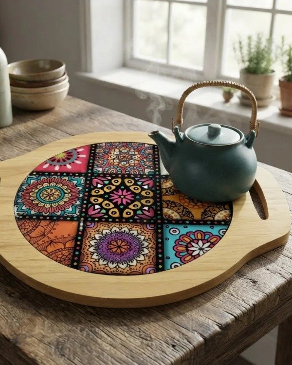 Producto - Posa Pava Fuente con asas Madera- Dibujo en PVC Redonda chica - 2