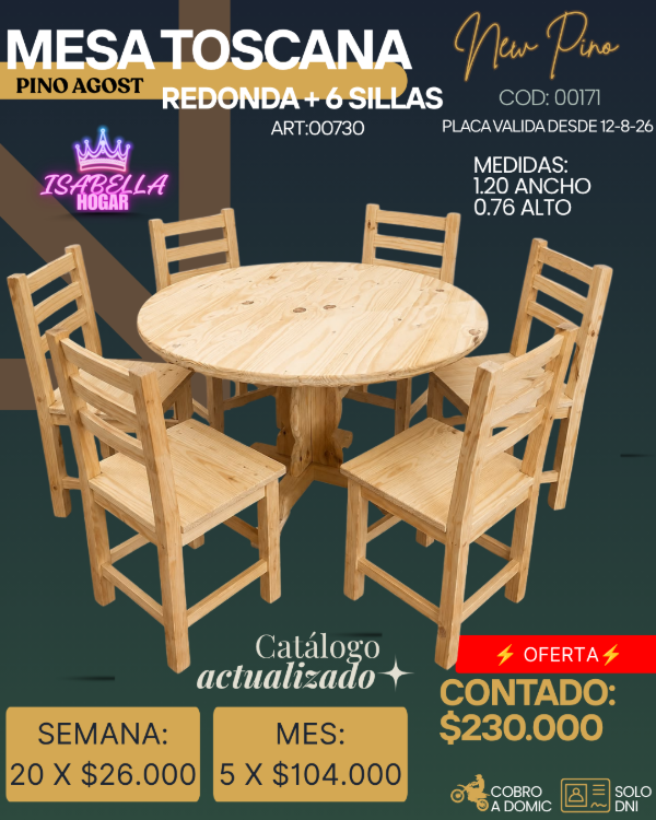 Producto - MESA TOSCANA REDONDA 1.20 PINO + 6 SILLAS PINO