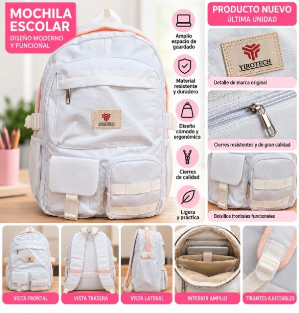 Producto - Mochila Escolar YIROTECH Blanca y Rosa Multibolsillos  Última Unidad