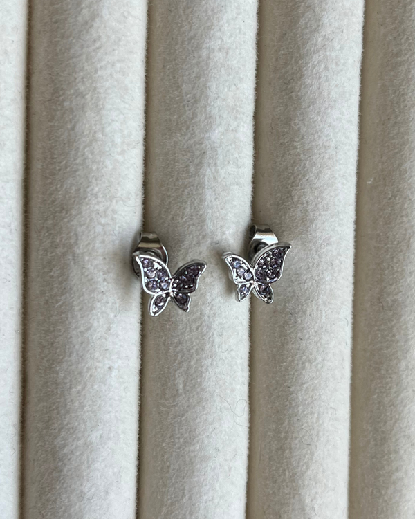 Producto - Aros mariposa strass lila de bronce bañado con pasante de acero quirúrgico