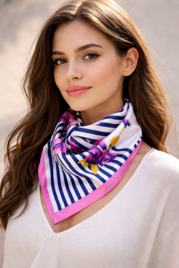 Producto - Pañuelo de seda Flores y rayas( rosa)