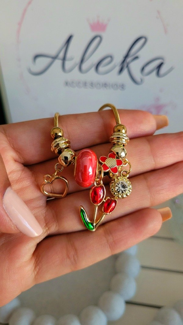 Producto - Pulsera pandora corbatin tulipán rojo de acero dorado - 2