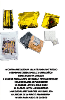 Producto - SET GUIRNALDA GLOBO C/CORTINA BICOLOR FELIZ CUMPLEAÑOS CHROME DORADO/NEGRO 58PCS
