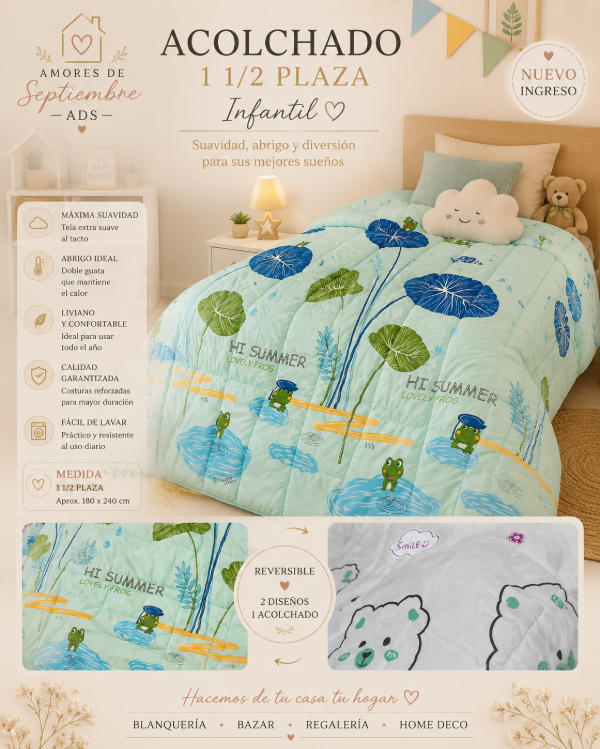 Producto - Acolchado reversible infantil (super tierno) 1 1/2 plaza