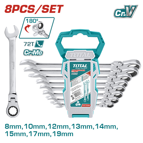 Producto - JUEGO DE LLAVES CON TRINQUETE ARTICULADO 8-19MM (8 PZS) - CRV - TOTAL