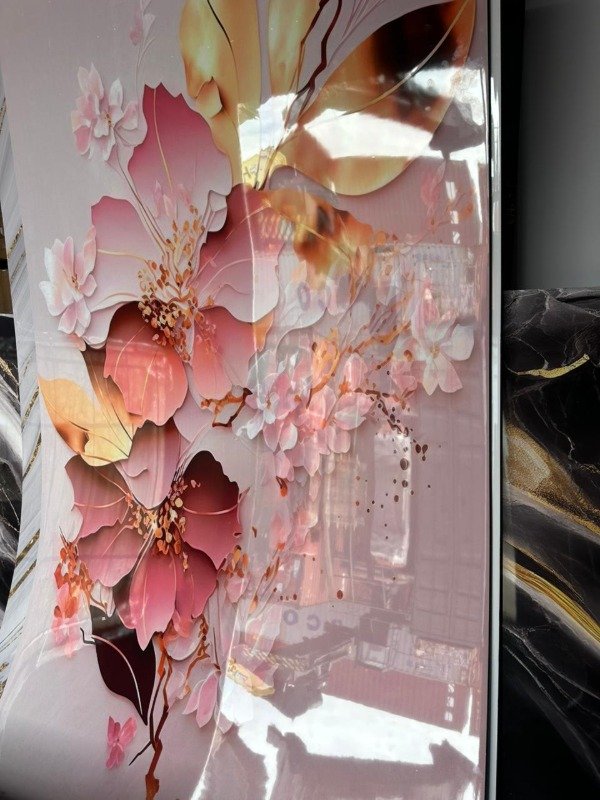 Producto - Placa decorativa PVC 3mm 244x122 diseño flores rosa y dorado