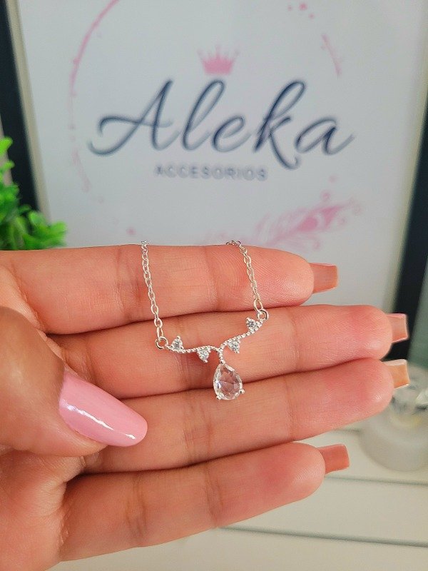 Producto - Collar gota cristal y micropave de acero blanco - 0