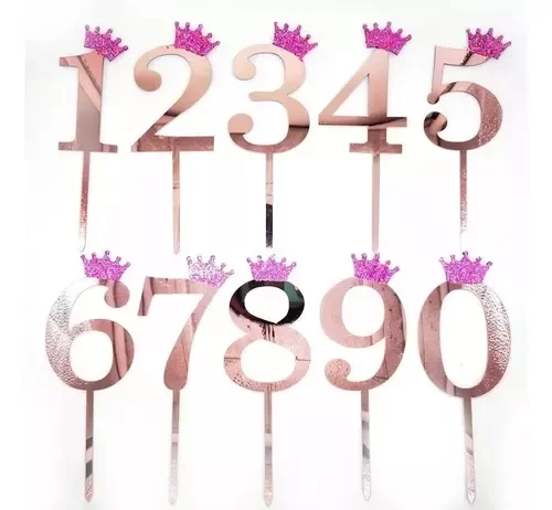 Producto - CAKE TOPPER CON CORONITA GRANDE 19CM ROSA GOLD (ELEGIR NUMERO)