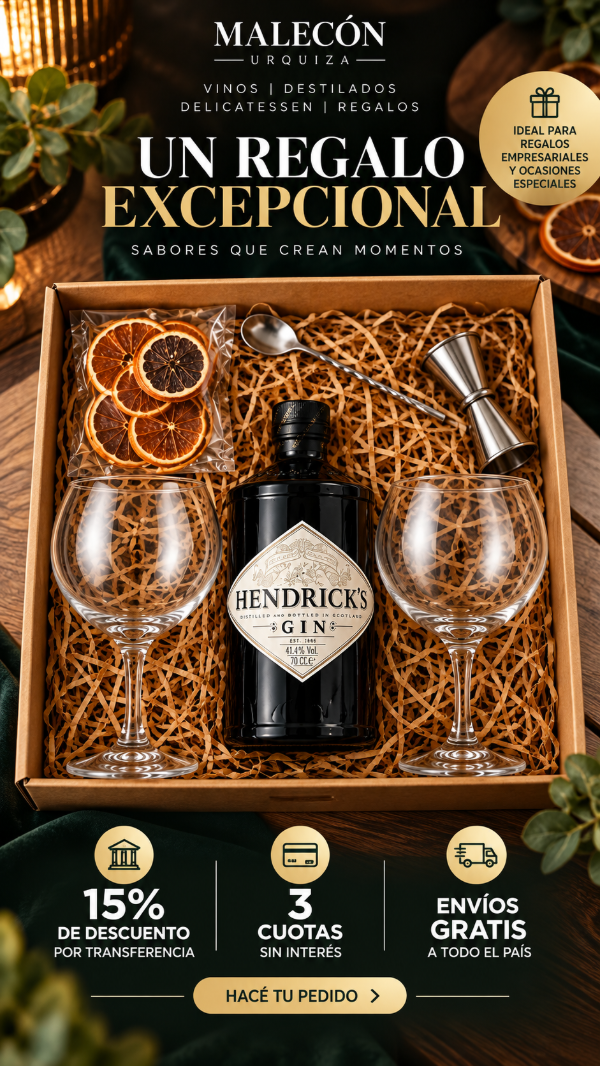 Producto - Caja de Regalo Gin Hendrick's 700 ml + 2 Copas + Jigger + Cuchara + Botánicos - 0