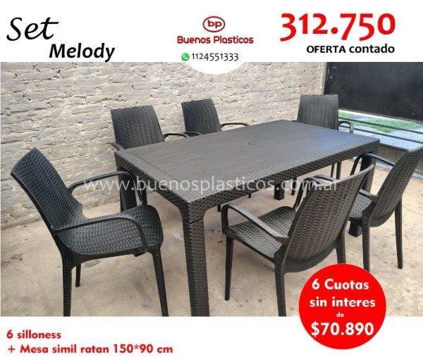 Producto - Set 6 sillas Melodys + mesa de 150x90cm negra