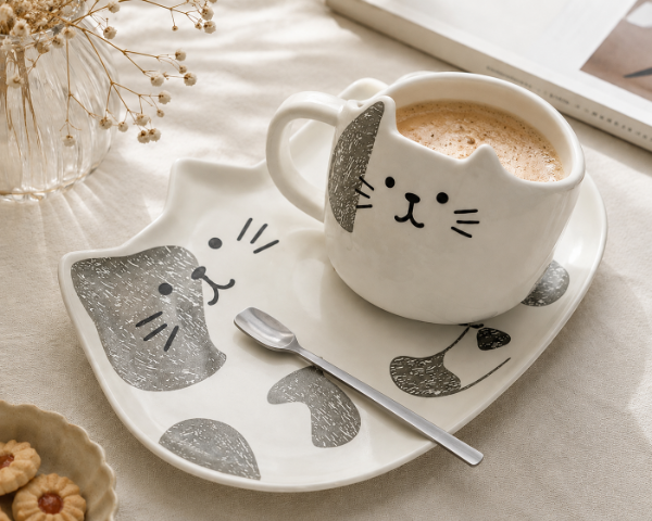 Producto - Set taza + plato + cucharita Gatito