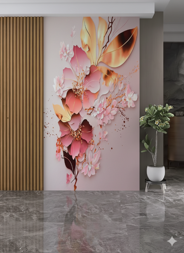 Producto - Placa decorativa PVC 3mm 244x122 diseño flores rosa y dorado