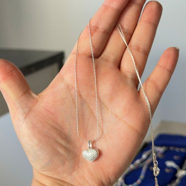 Producto - CONJUNTO -ACERO BLANCO- CADENA FIGARO + DIJE CORAZON BOMBE PUNTILLISMO
