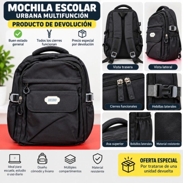 Producto - Mochila Escolar NEWBIP Negra Buen Estado Oferta por Devolución última unidad