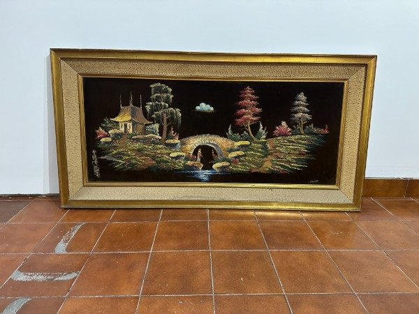 Producto - CUADRO ESTILO ORIENTAL OLEO EN PAÑO 109x44 MARCO DORADO 151x66 #11889