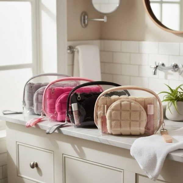 Producto - SET DE 3 NECESER PORTA COSMETICOS TRANSPARENTE Y PELUCHE 18X24 - 1