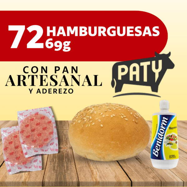 Producto - 72 HAMBURGUESAS 69grs PATY C/ PAN Y ADEREZO