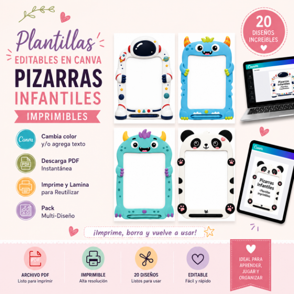 Producto - PIZARRAS INFANTILES IMPRIMIBLES Y EDITABLES - 20 DISEÑOS DIFERENTES