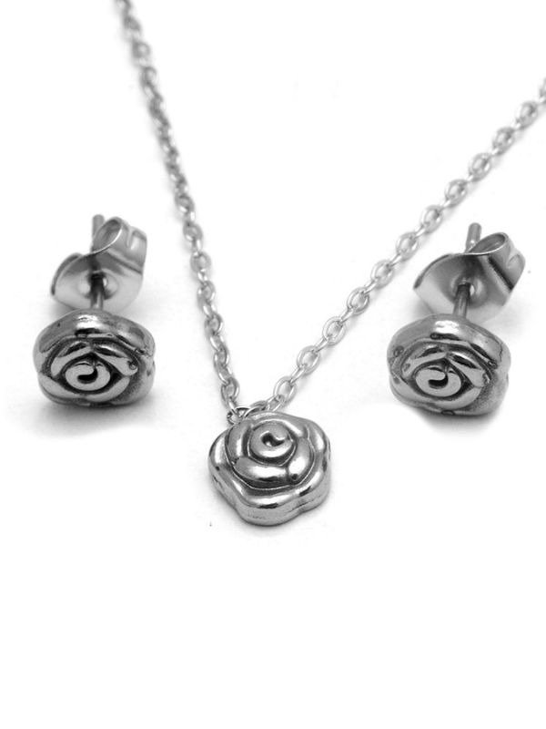 Producto - Set Aros y Cadena Rosas Acero Quirurgico