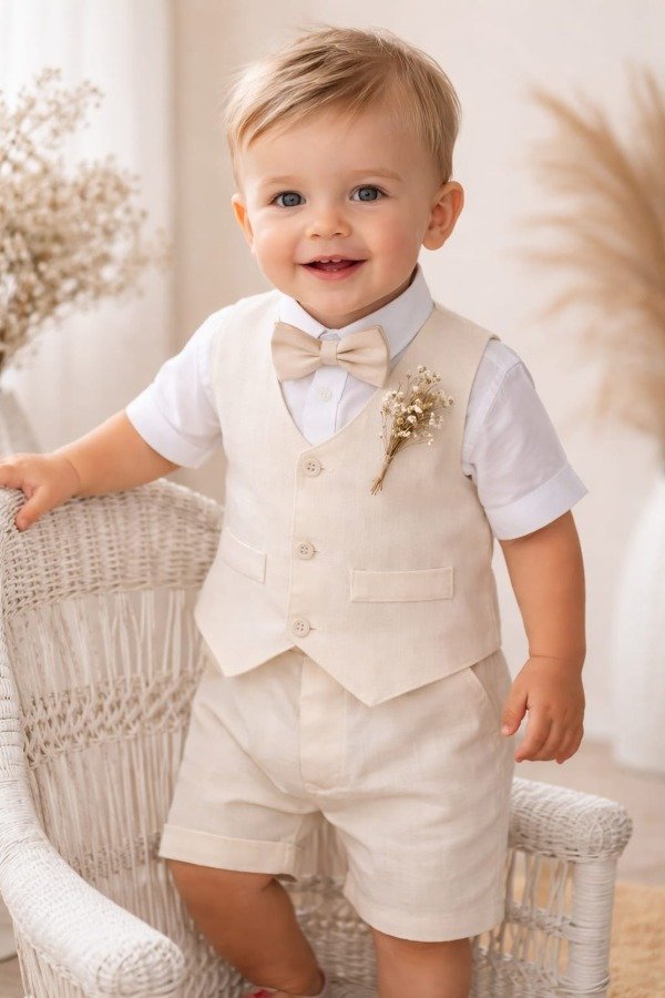 Producto - Traje de bebe chaleco y short lino natural