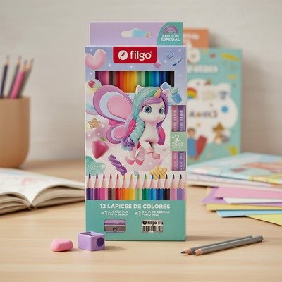 Producto - Lapices de color Filgo Unicornio alas x12u (sacapuntas + goma  + 2 lapiz hb)
