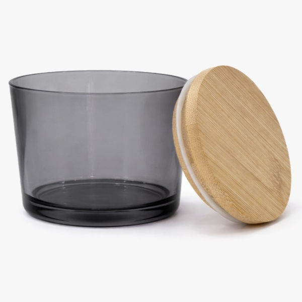 Producto - Frasco bajo de Vidrio Fume con tapa de Bambú y silicona 200ml