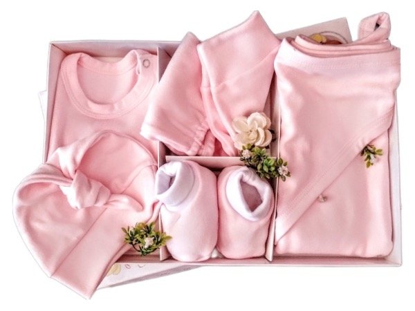 Producto - Ajuar 5 piezas puro algodón en caja (Rosa)