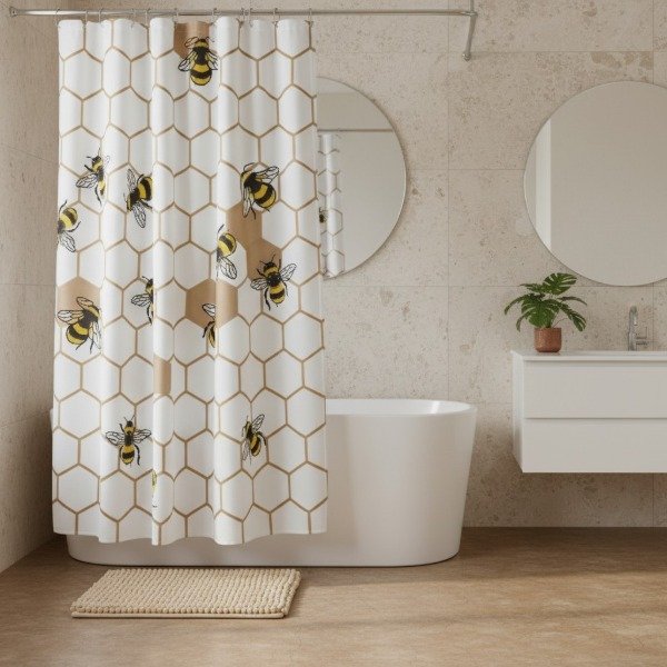 Producto - SET DE BAÑO CORTINA DE BAÑO PEVA, 12 GANCHOS PLASTICOS Y ALFOMBRA 40X68 PREMIUM
